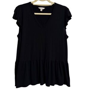 Time and Tru Black Peplum V Neck T Shirt Top Womens Size Medium M Flutter Sleeve